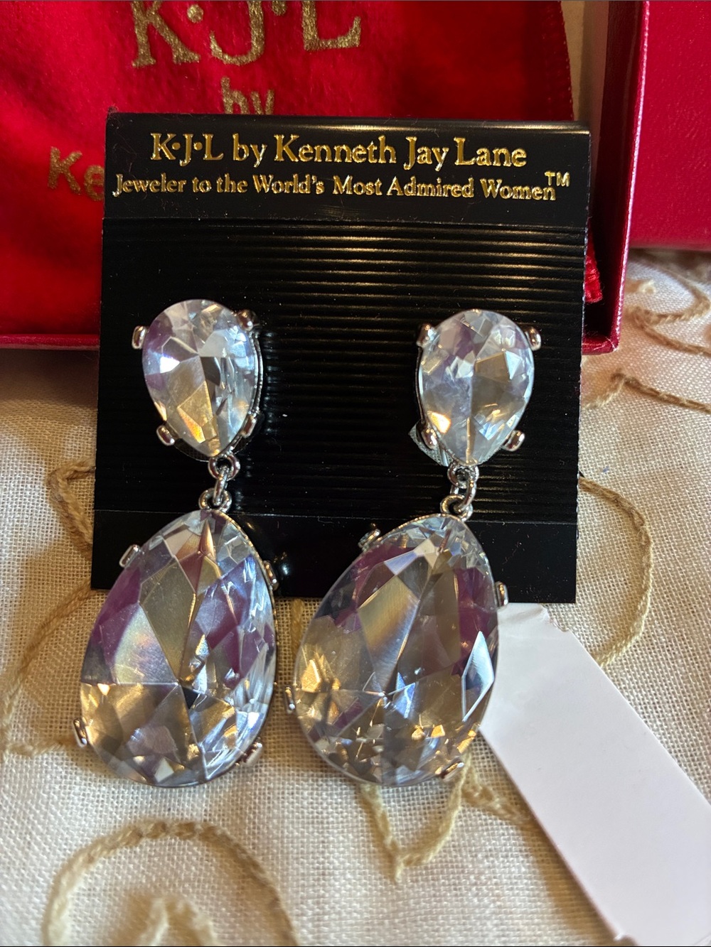 Kenneth Jay Lane Clear Crystal Teardrop Dangle pierced Earrings - Picture 2 of 4
